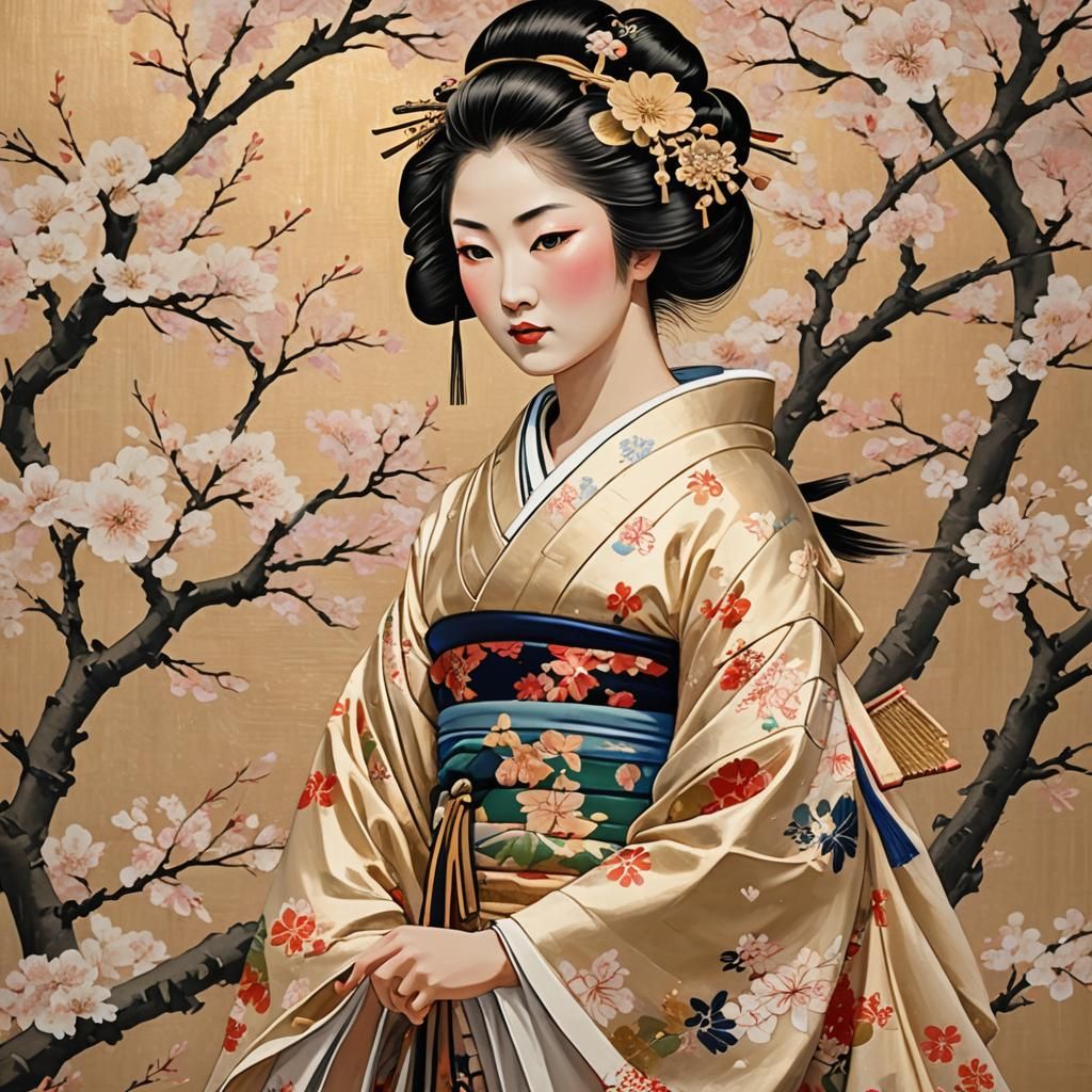 Geisha in Flowing Flower Dress: Ukiyo-e Impasto Style