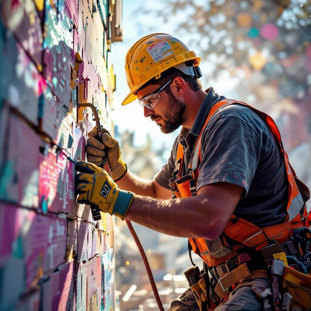 Construction Worker Repairing House in Dramatic Light