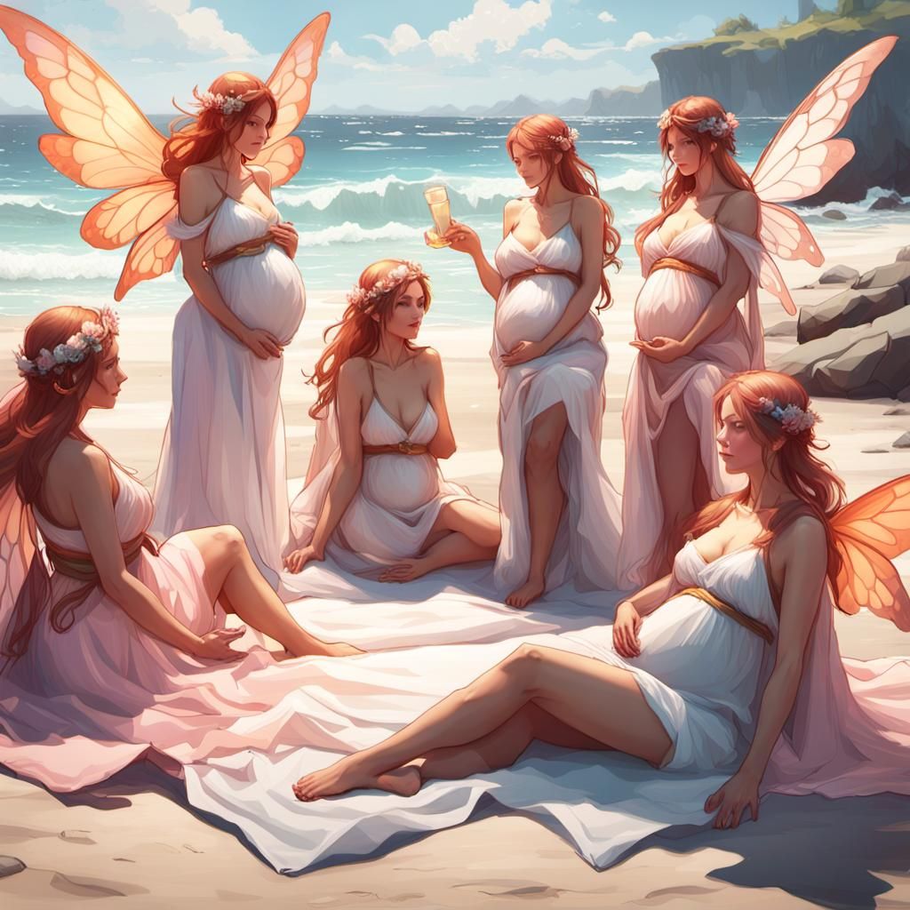 Pregnant Fairies Relaxing on the Beach in Art Nouveau Style