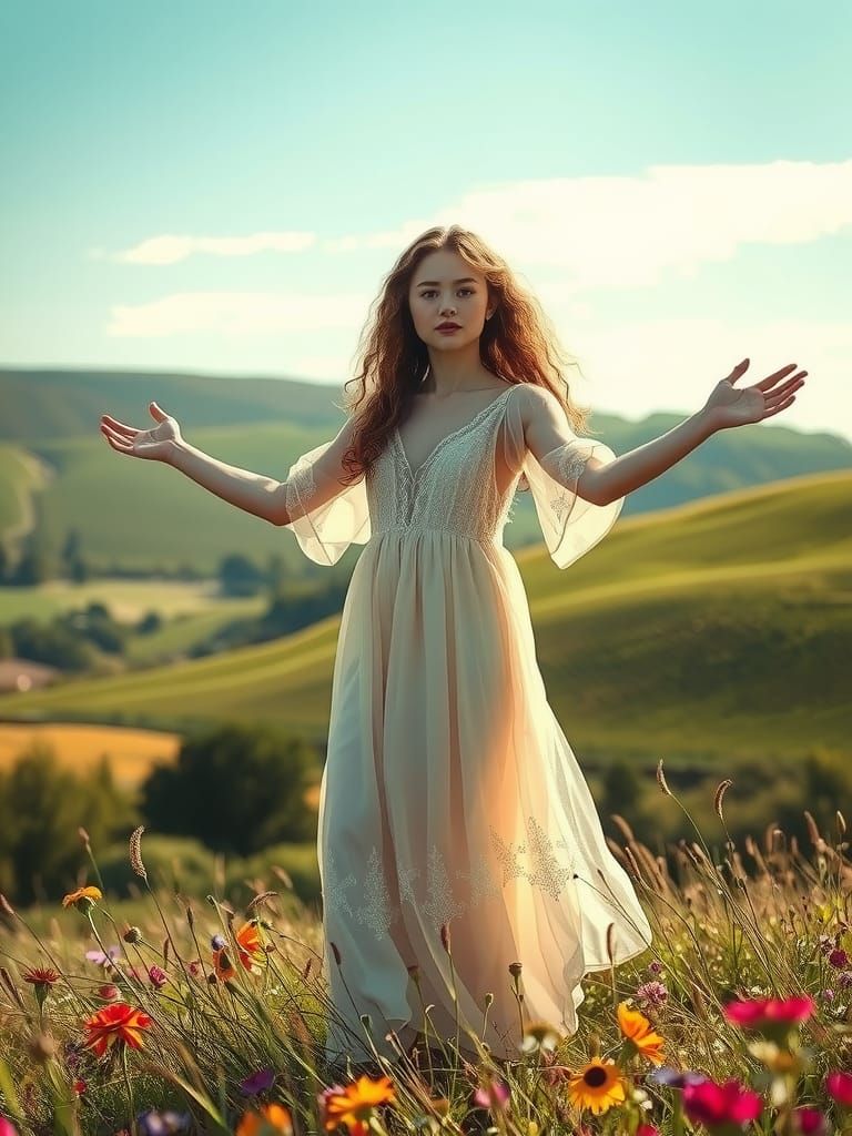 Young Woman in Sunlit Meadow, Pre-Raphaelite Style