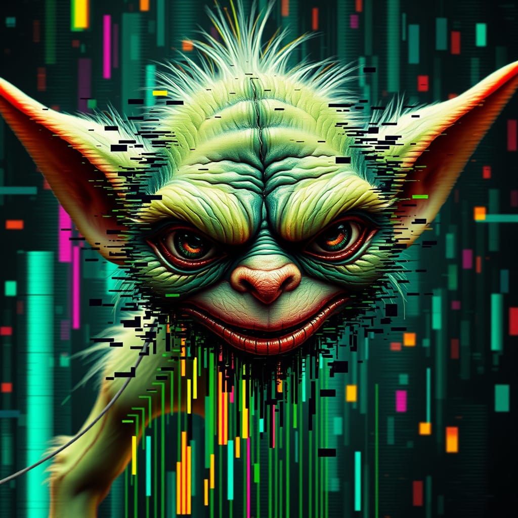 Distorted Gremlin Face in Glitchcore Style