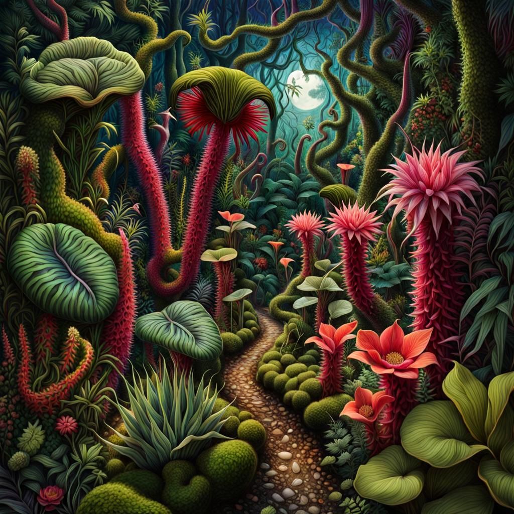 Carnivorous Jungle Path in Tim Burton Style