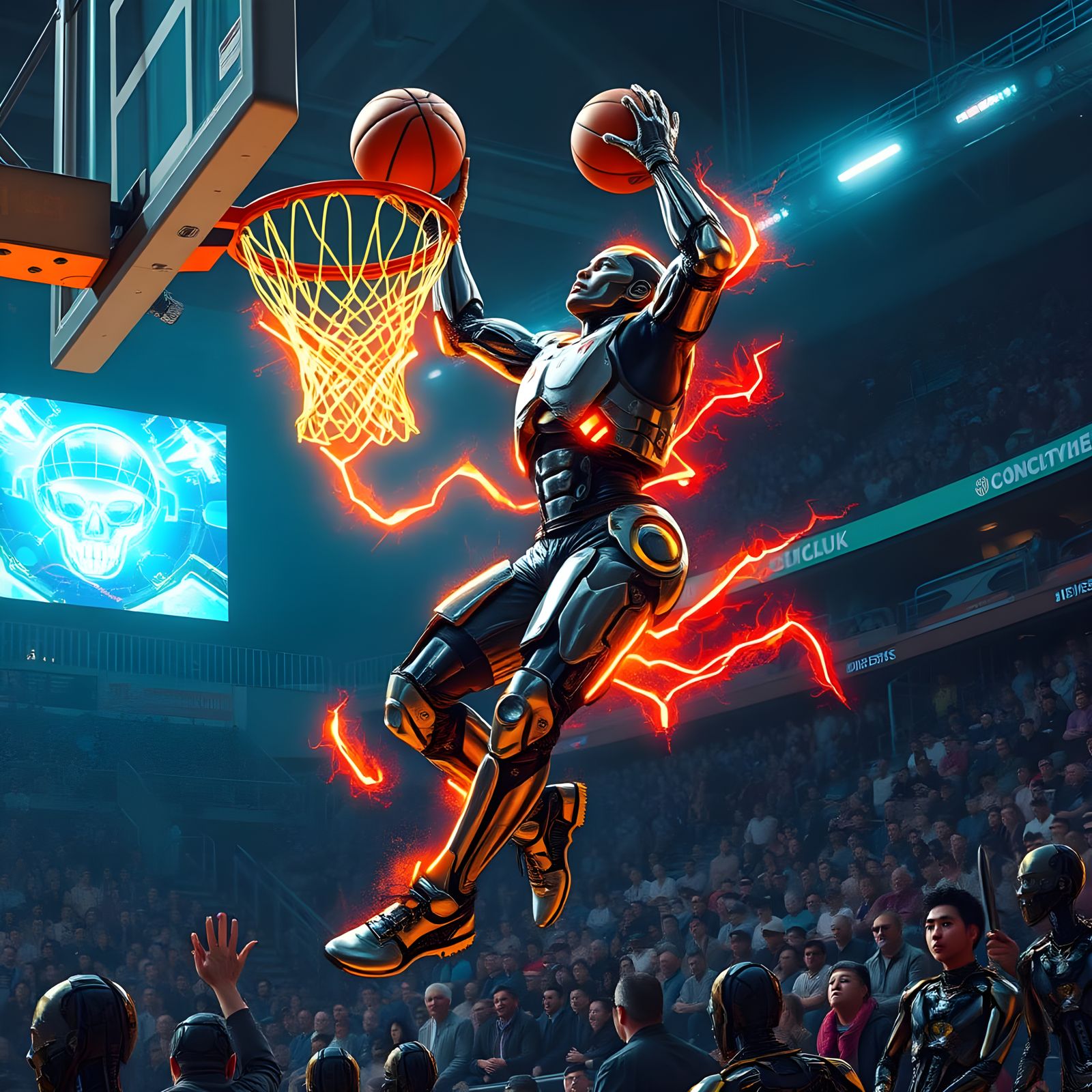 Cyborg Basketball Player's Electrifying Slam Dunk