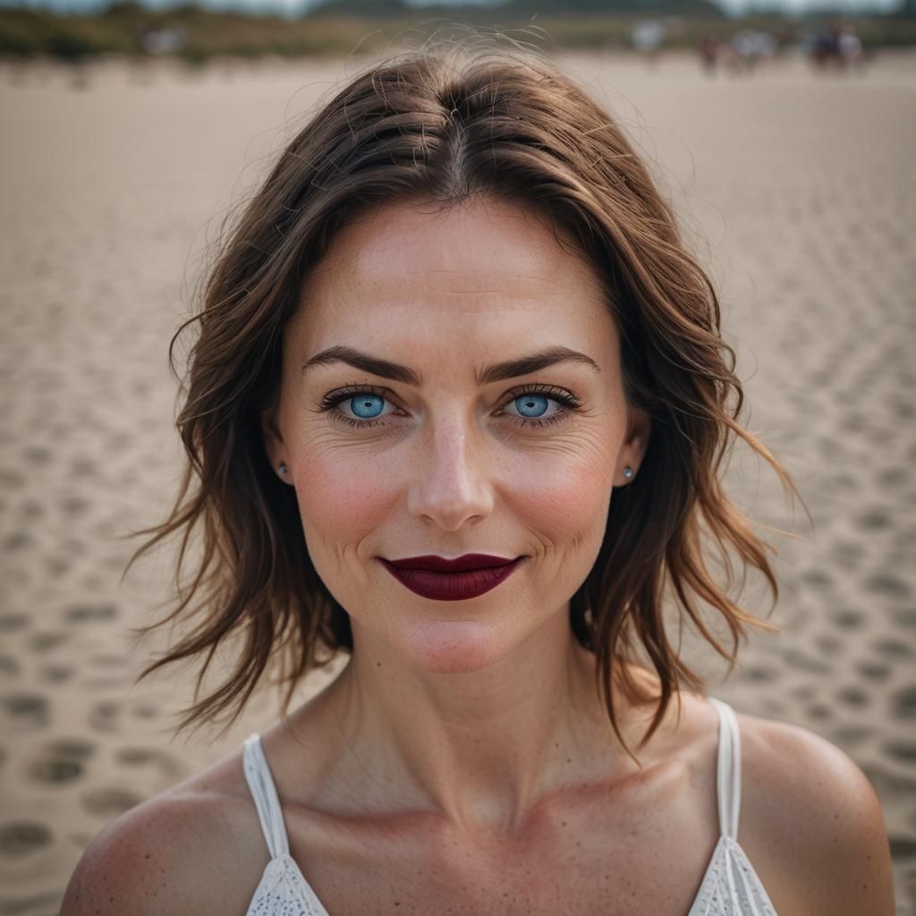 Woman with Blue Eyes Smiling on the Beach