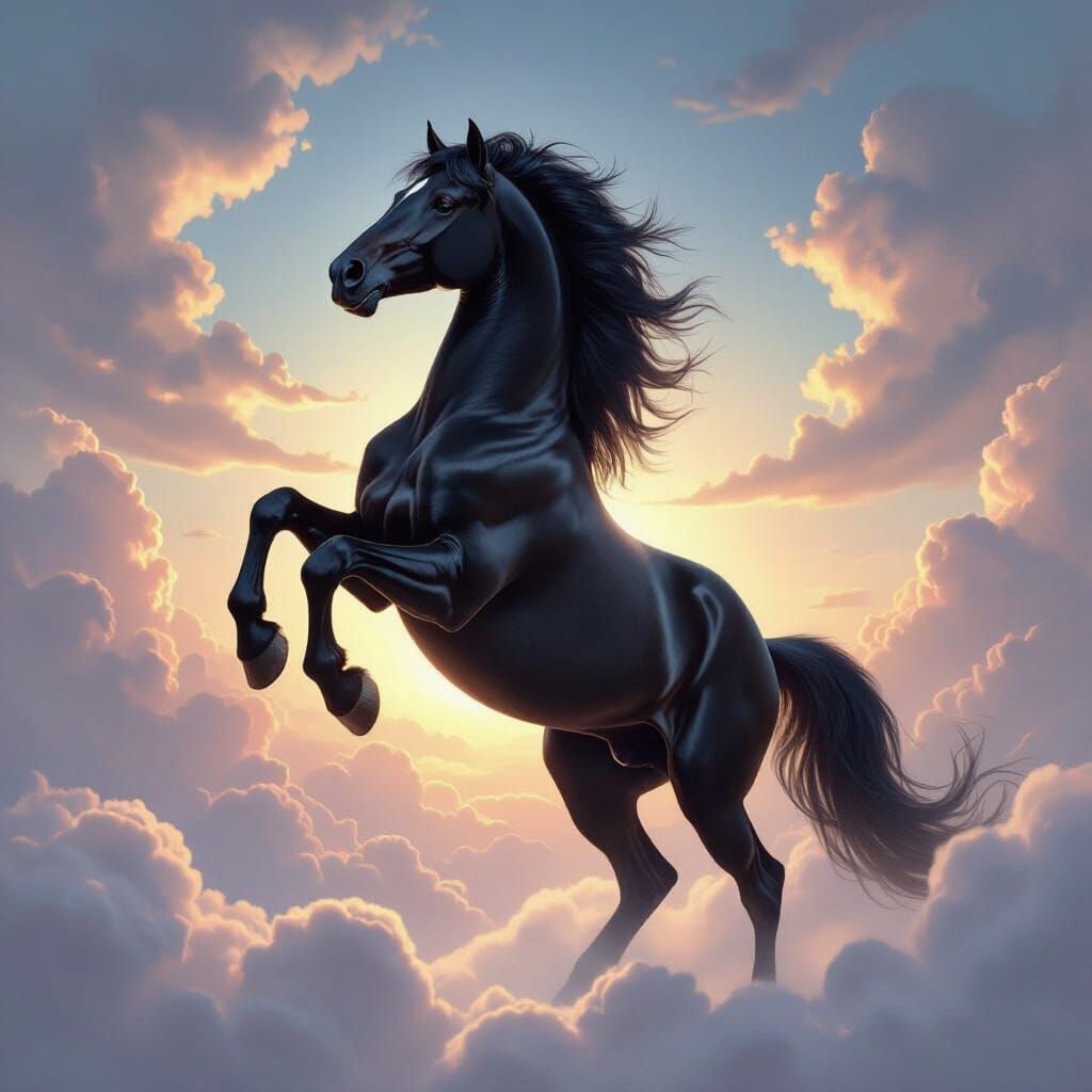 Muscular Black Horse Rearing on Luminous Clouds
