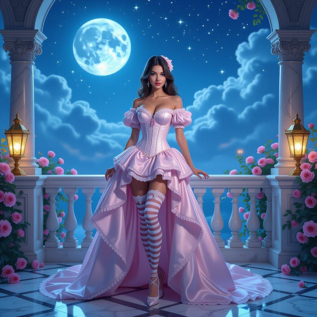 beauty in a pastel corset gown with striped stockings stands...