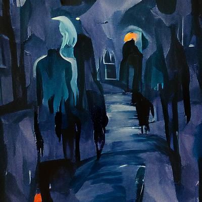 Lost Souls Wandering Streets in Gouache