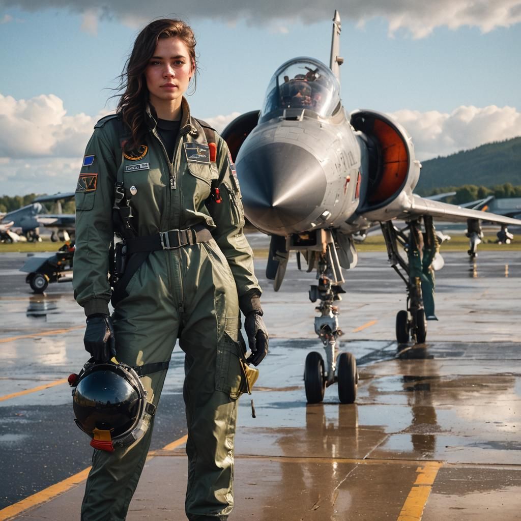 Attractive Female Jet Pilot on Airfield Tarmac