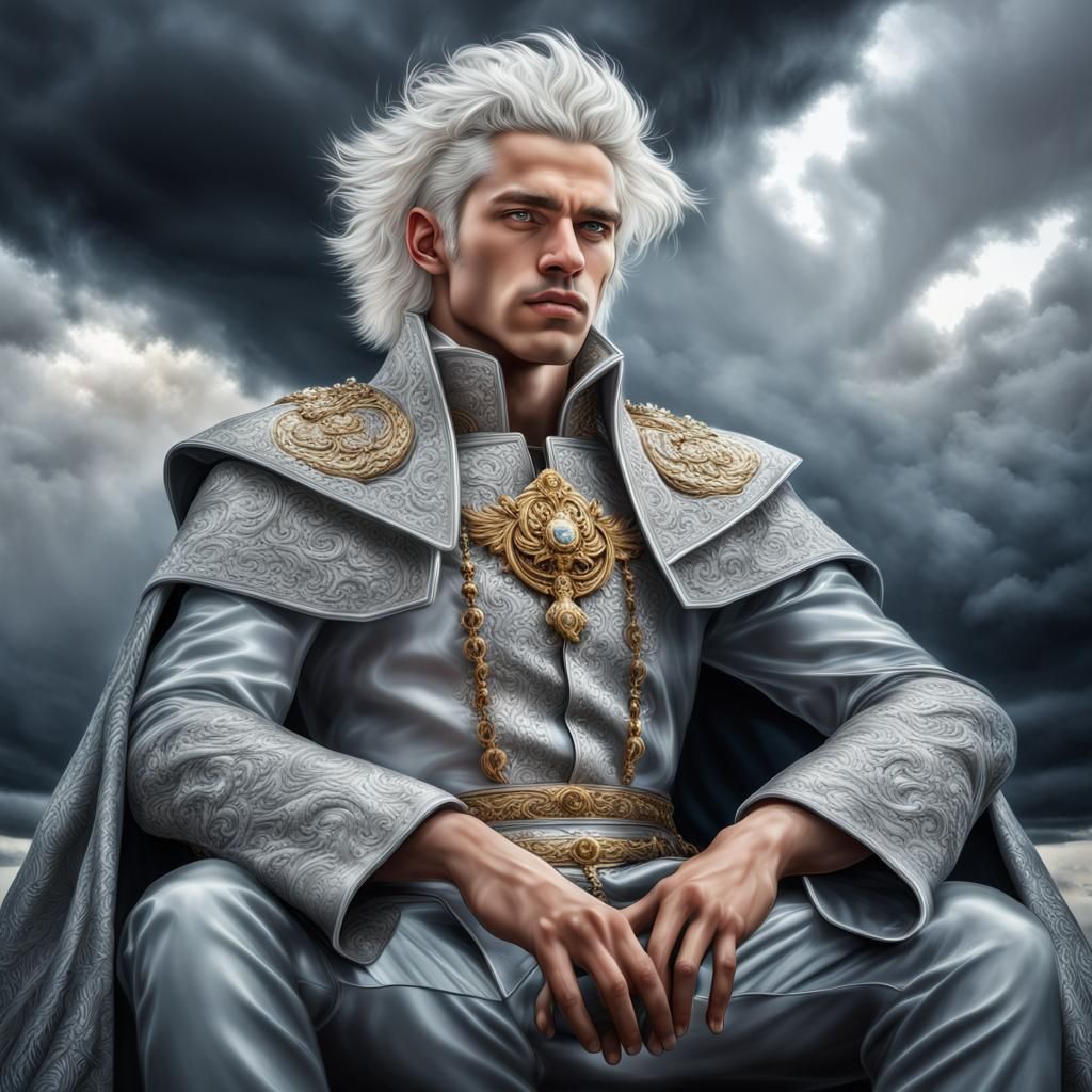 Hyperrealistic Young King on Glass Throne in Storm