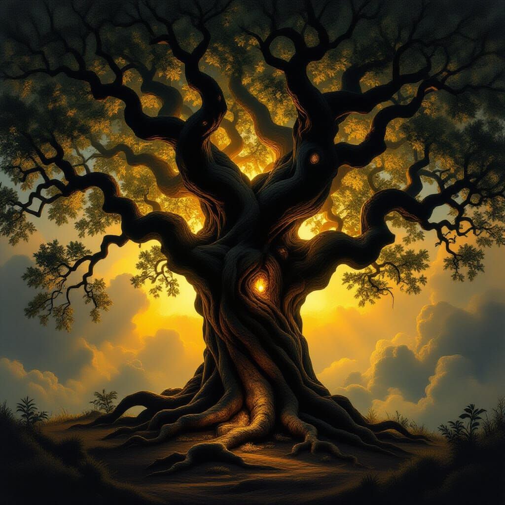Ancient Tree Glows With Golden Light in Dramatic Oil Style