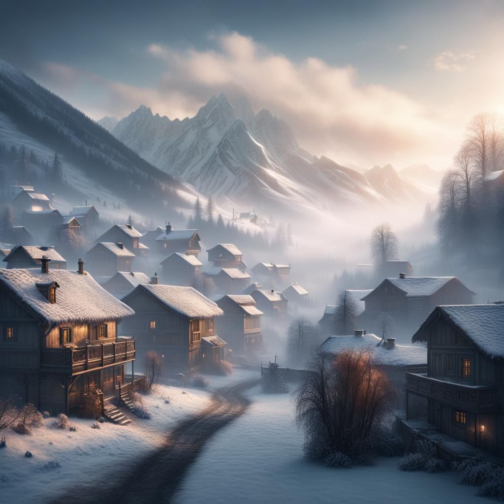 Foggy Winter Village Morning: Epic Digital Matte Painting