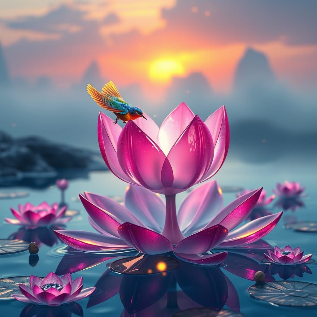 Vibrant Bird Dances Around Majestic Glass Lotus in Sunrise L...