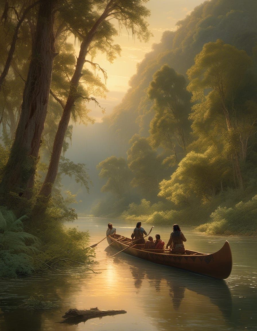 Native Americans Canoeing in Wilderness: Romanticism Style