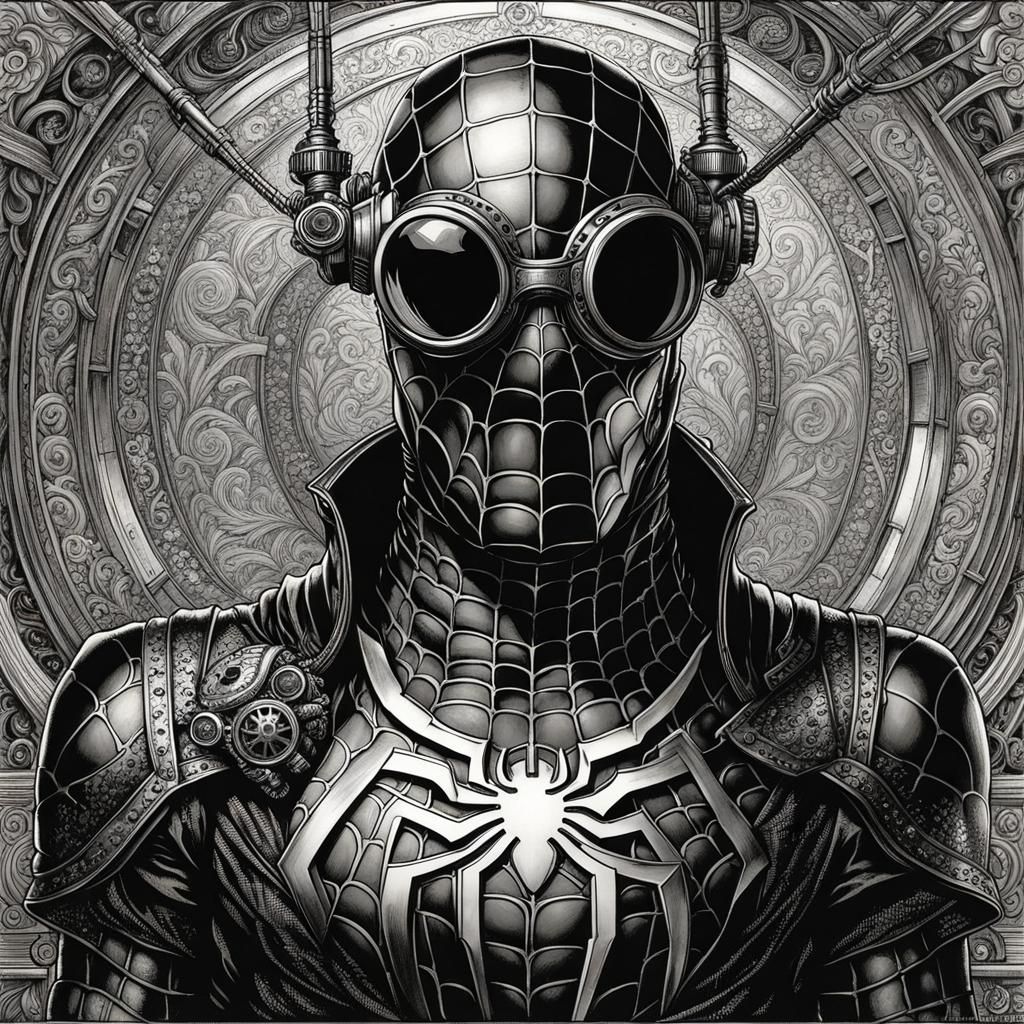 Steampunk Spiderman Head in Noir Expressionist Style