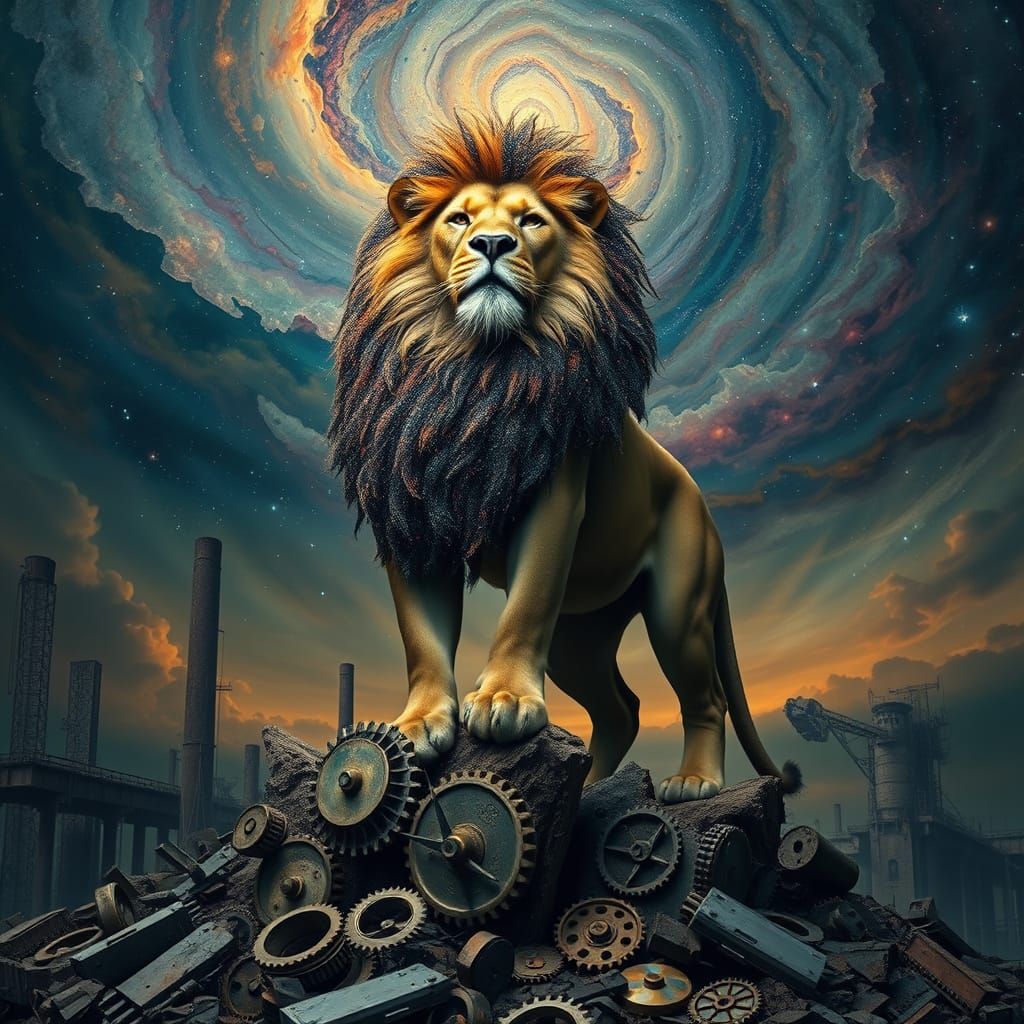 Cosmic Lion Over Industrial Ruins in Surreal Style