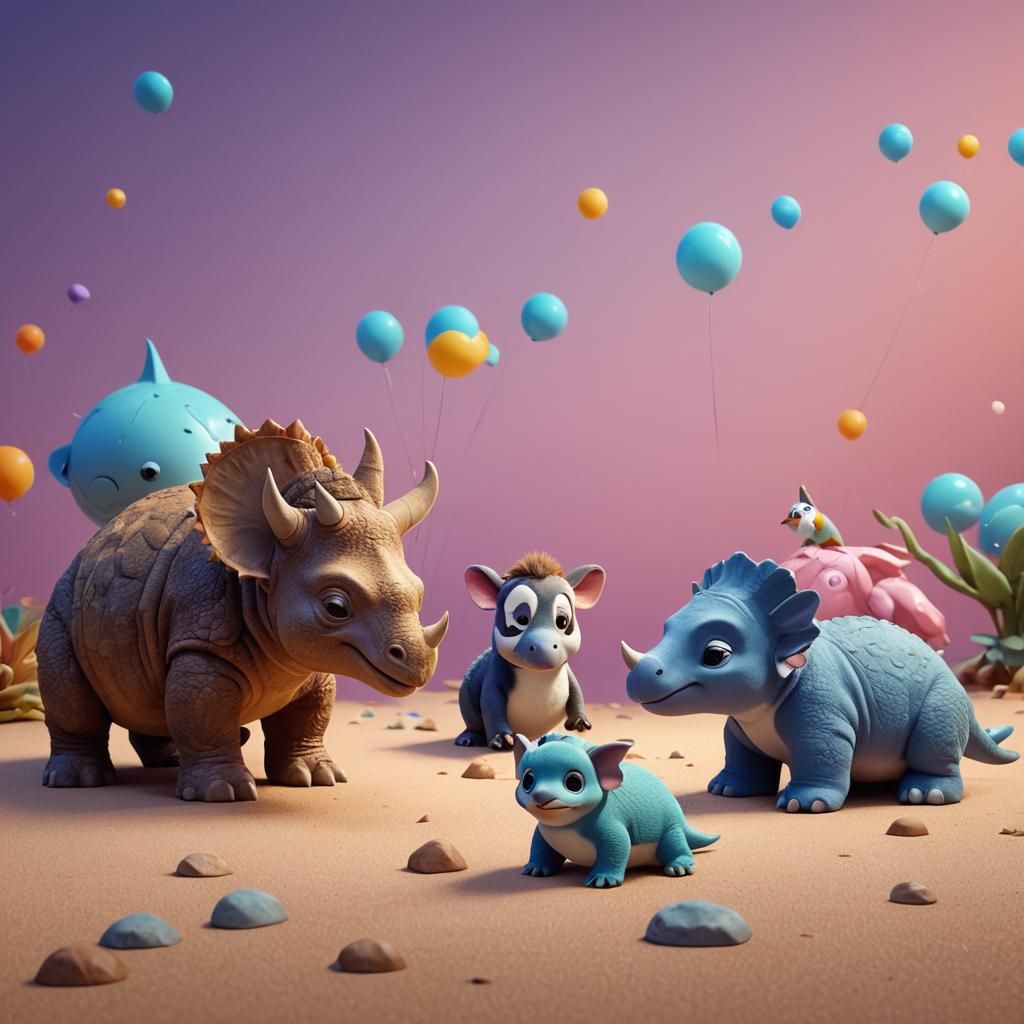 Baby Triceratops with Bear and Penguin