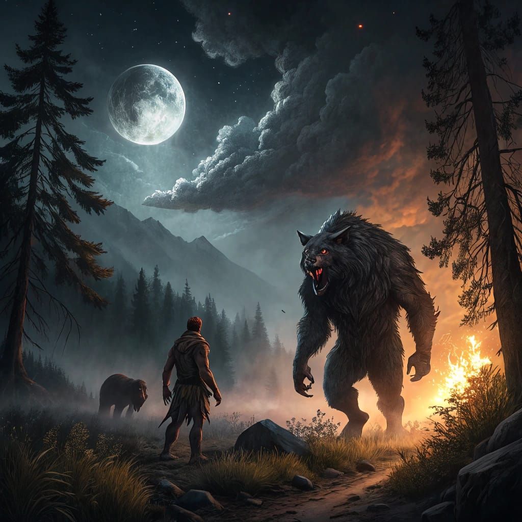 Warrior Werebeast Patrolling Dark Backcountry at Midnight