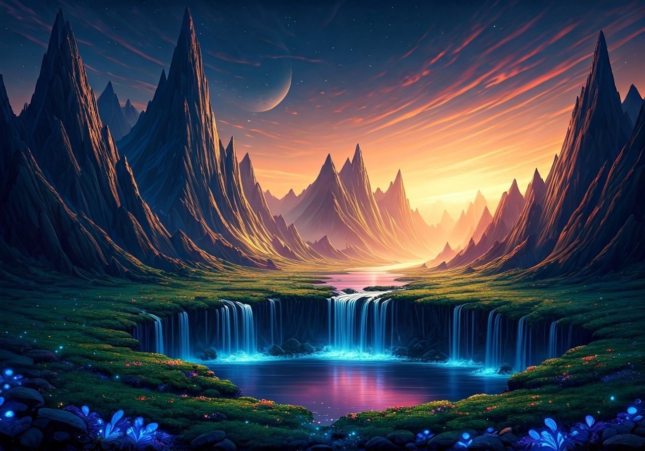 Fantasy Realm: Crystalline Mountains Under Nebula Sky