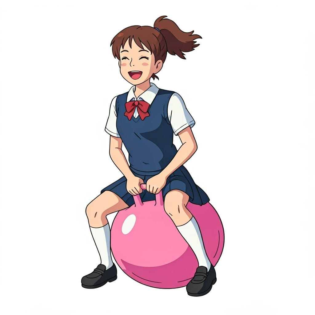 Vibrant Schoolgirl Bounces on Pink Space Hopper in Whimsical...
