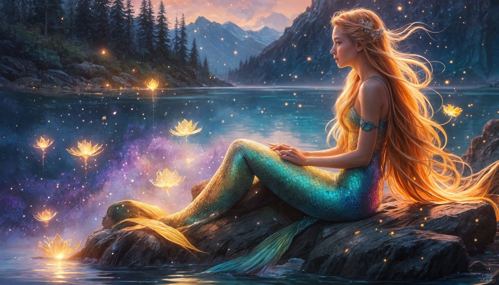 Rainbow Mermaid in Magical Lake, Digital Art