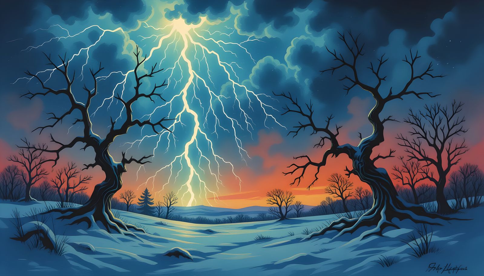 Eerie Winter Lightning Storm in Dark Surreal Style