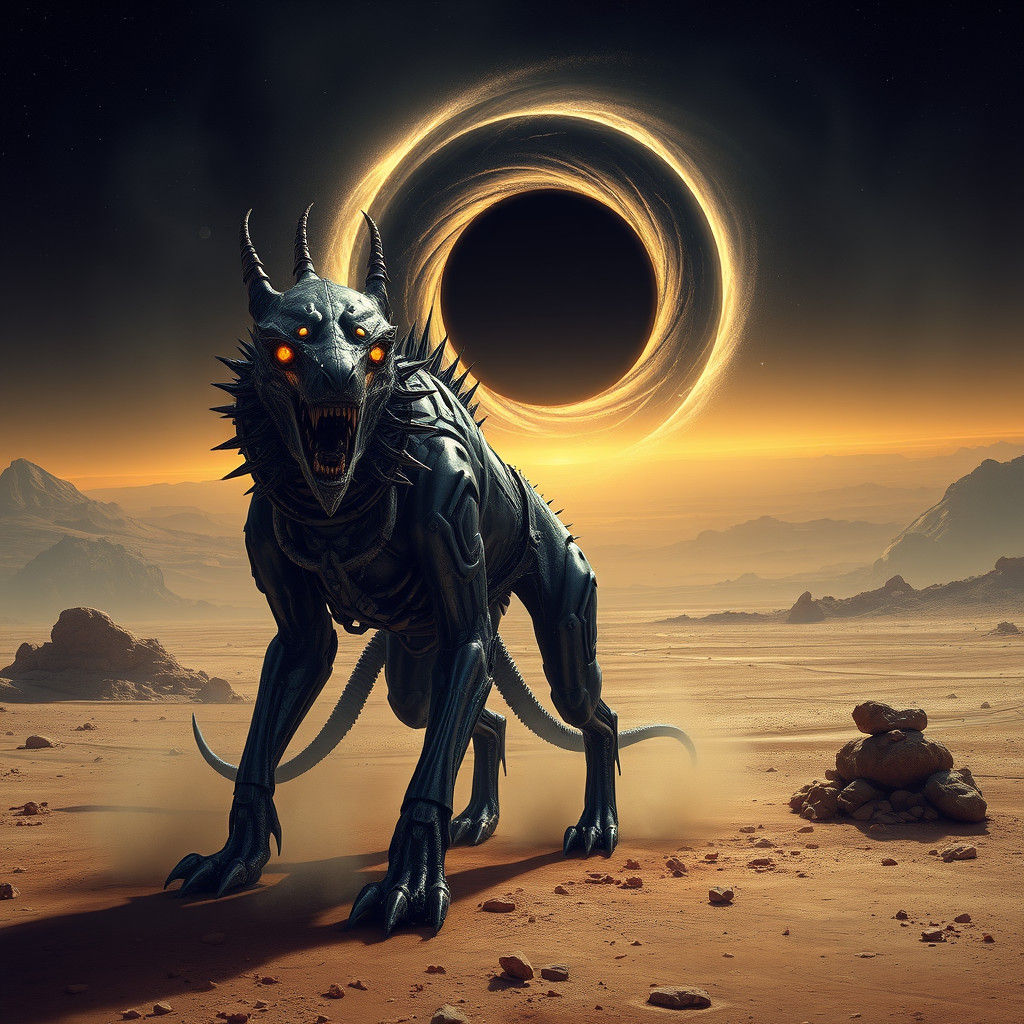 Metallic Canine Guardian Overlooks a Cosmic Black Hole