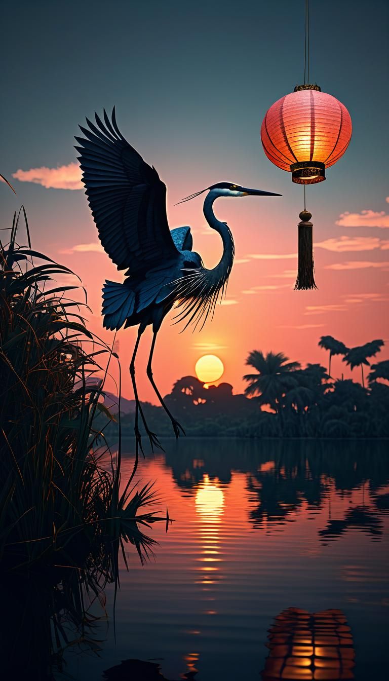 Paper Lantern and Heron at Sunset: Digital Painting