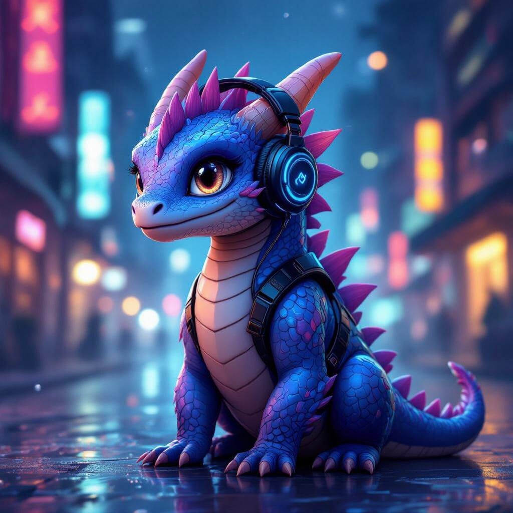 Young Dragon Listens in Cyberpunk Cityscape