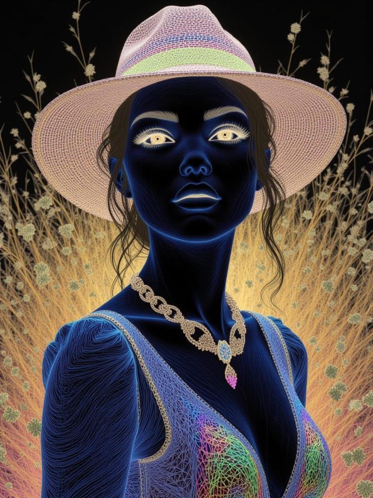 Woman's Portrait in Photo Negative Fine Line Art Style