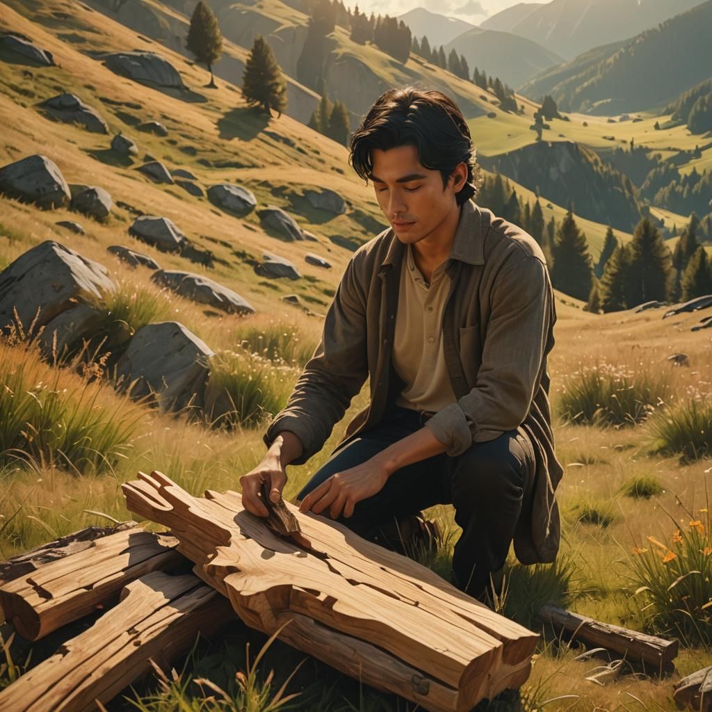 Man Carving Woman in Sunny Mountain Meadow