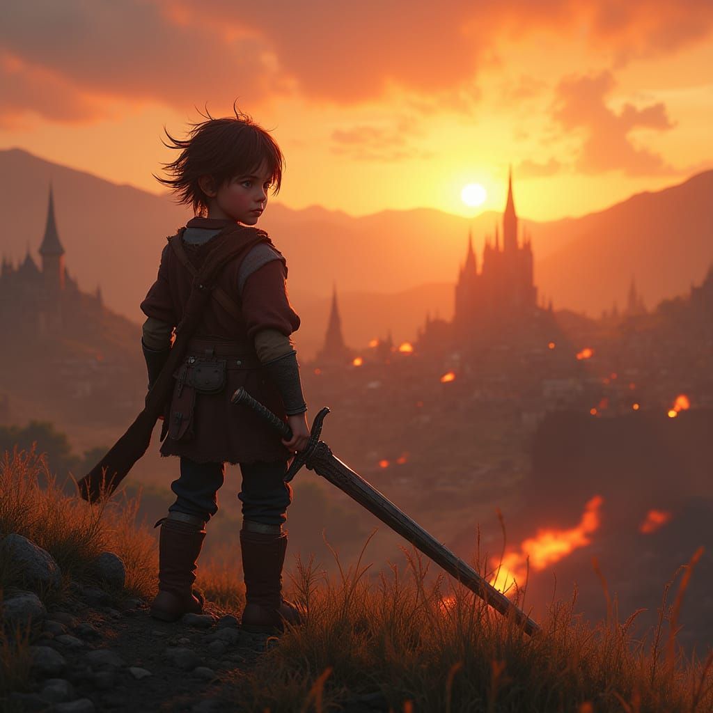 Young Boy Defies Flames in Sunset Glow