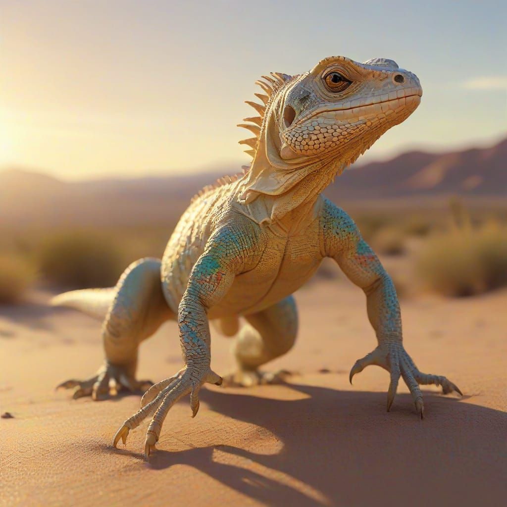 Alabaster Lizard Galloping: Surreal Desert Dreamscape