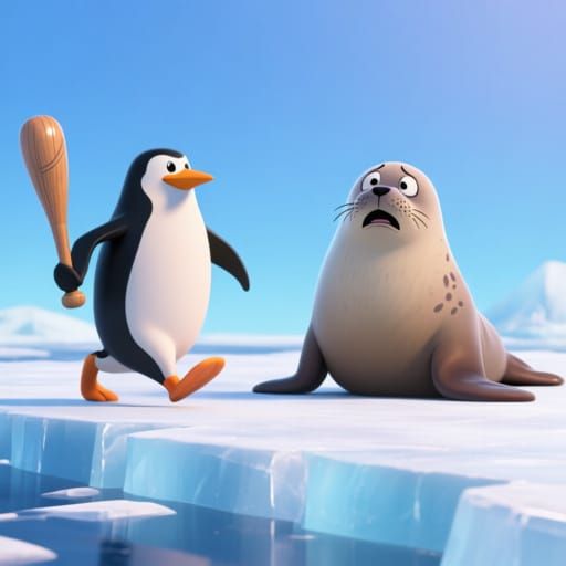 Penguin Confronts Worried Seal on Ice