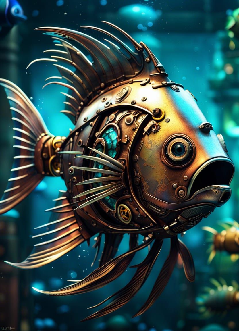 Steampunk Robot Fish in Hyperrealistic Aquarium
