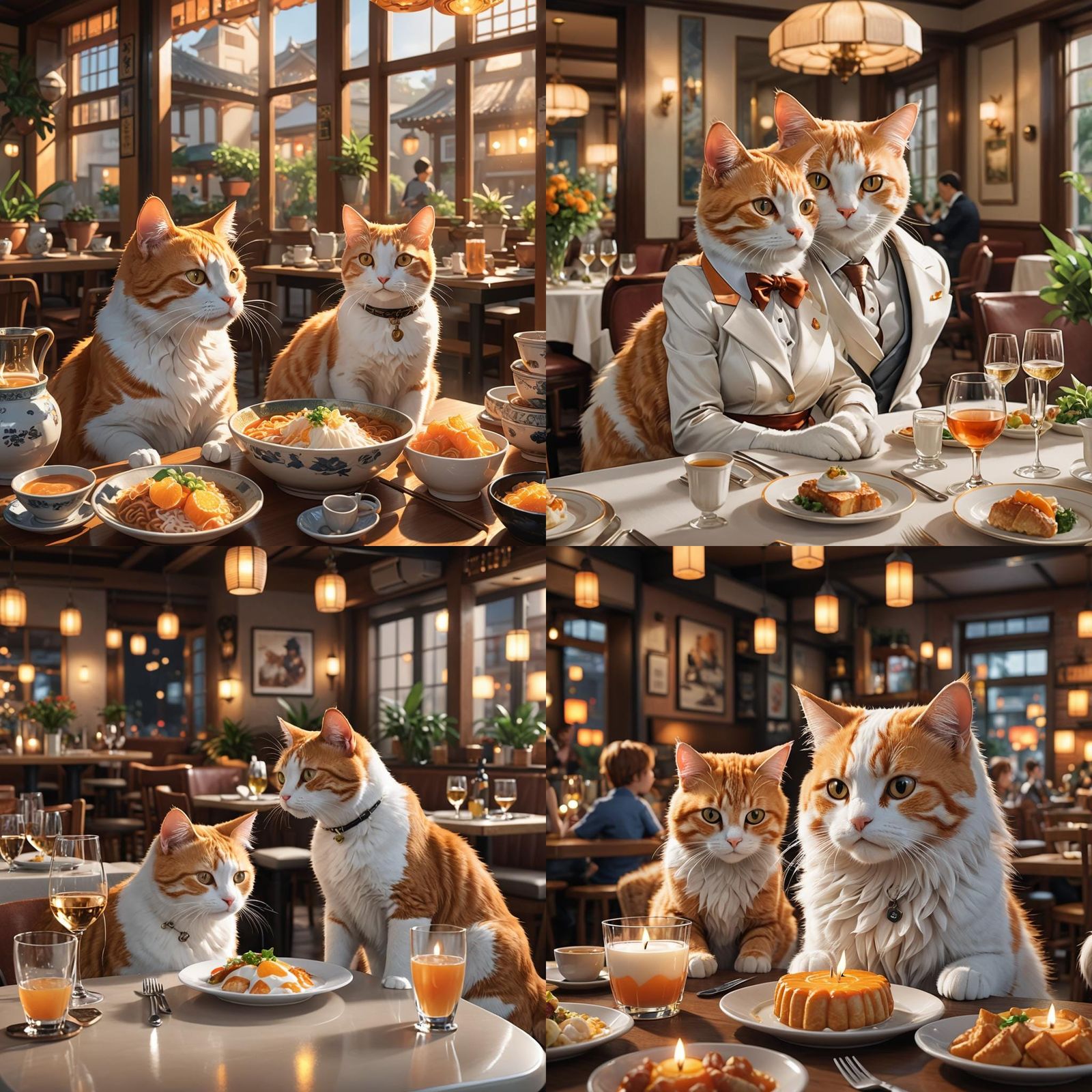 Cats Dining at Restaurant in 3D Anime Art