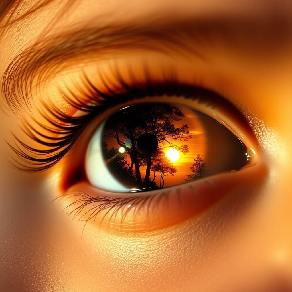 Girl's Eye Radiates Hyperrealistic Sunset Scene