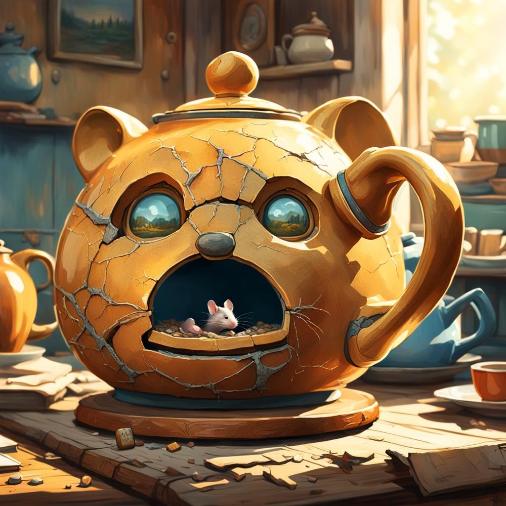 Cozy Whimsical Mouse Home in a Broken Teapot