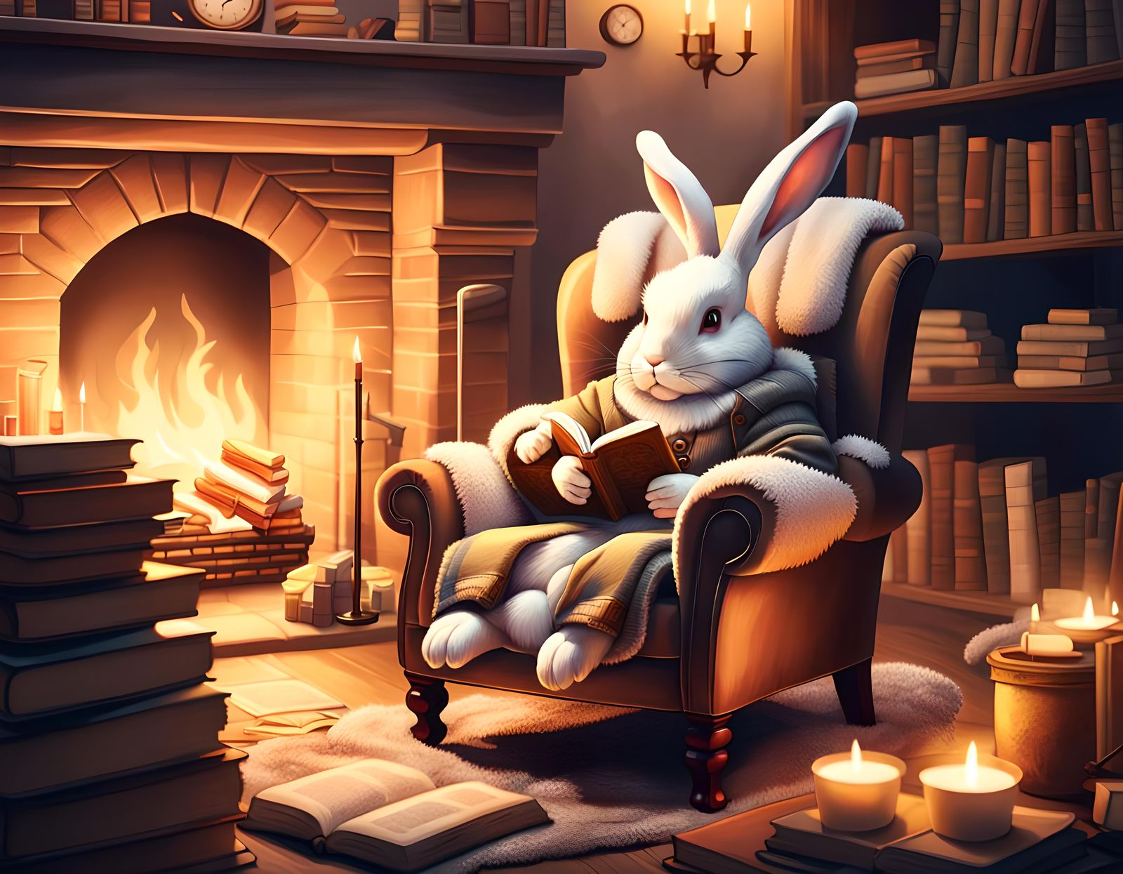 Quiet Reading Nook with Rabbit and Fireplace