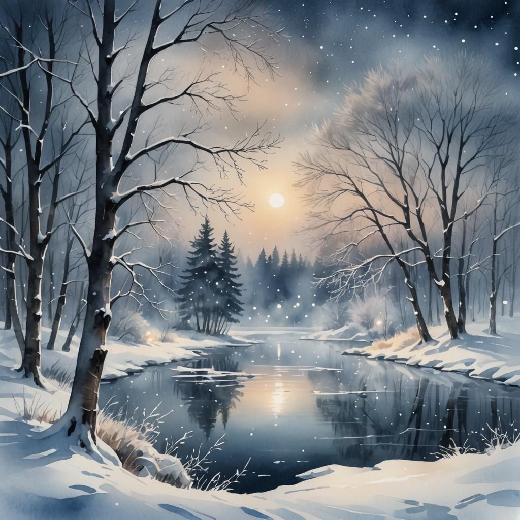 Serene Winter Nightscape in Digital Watercolor