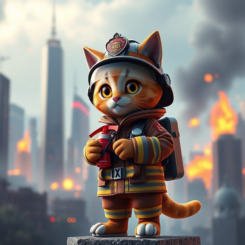 Heroic Firefighter Cat Saves the Day in Vibrant Anime Style