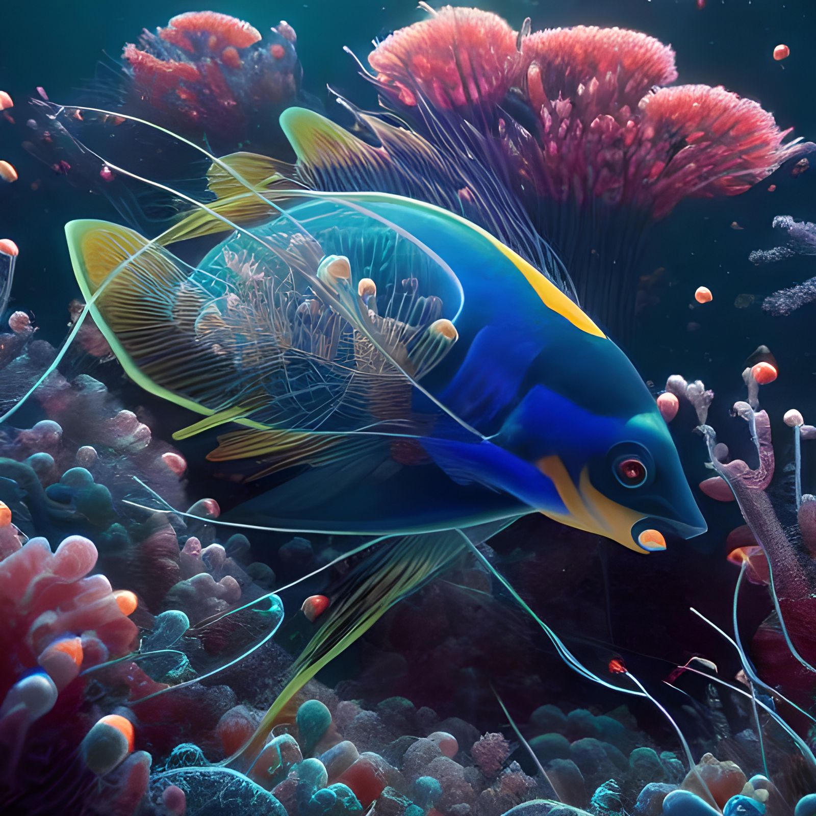 Surgeonfish in Bioluminescent Coral Reef