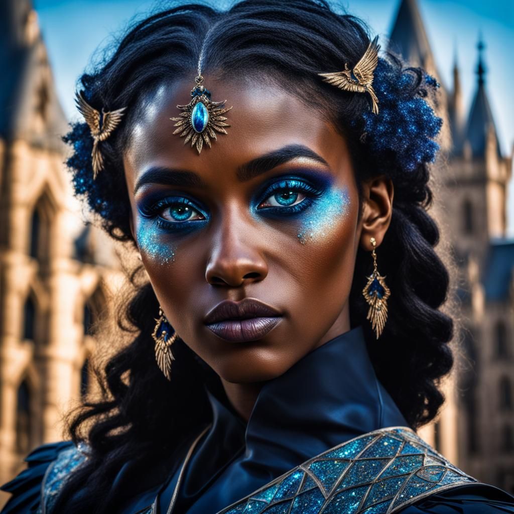 Ravenclaw with bright sparkling glitter magical colorful beautiful colored eyes high detailed glitter blue intricate rav...