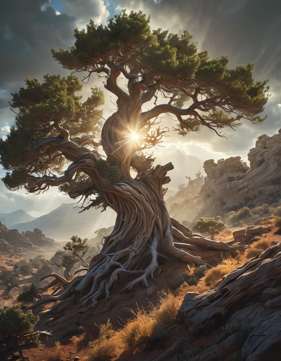 Wind-Gnarled Juniper Tree Bending in High Winds