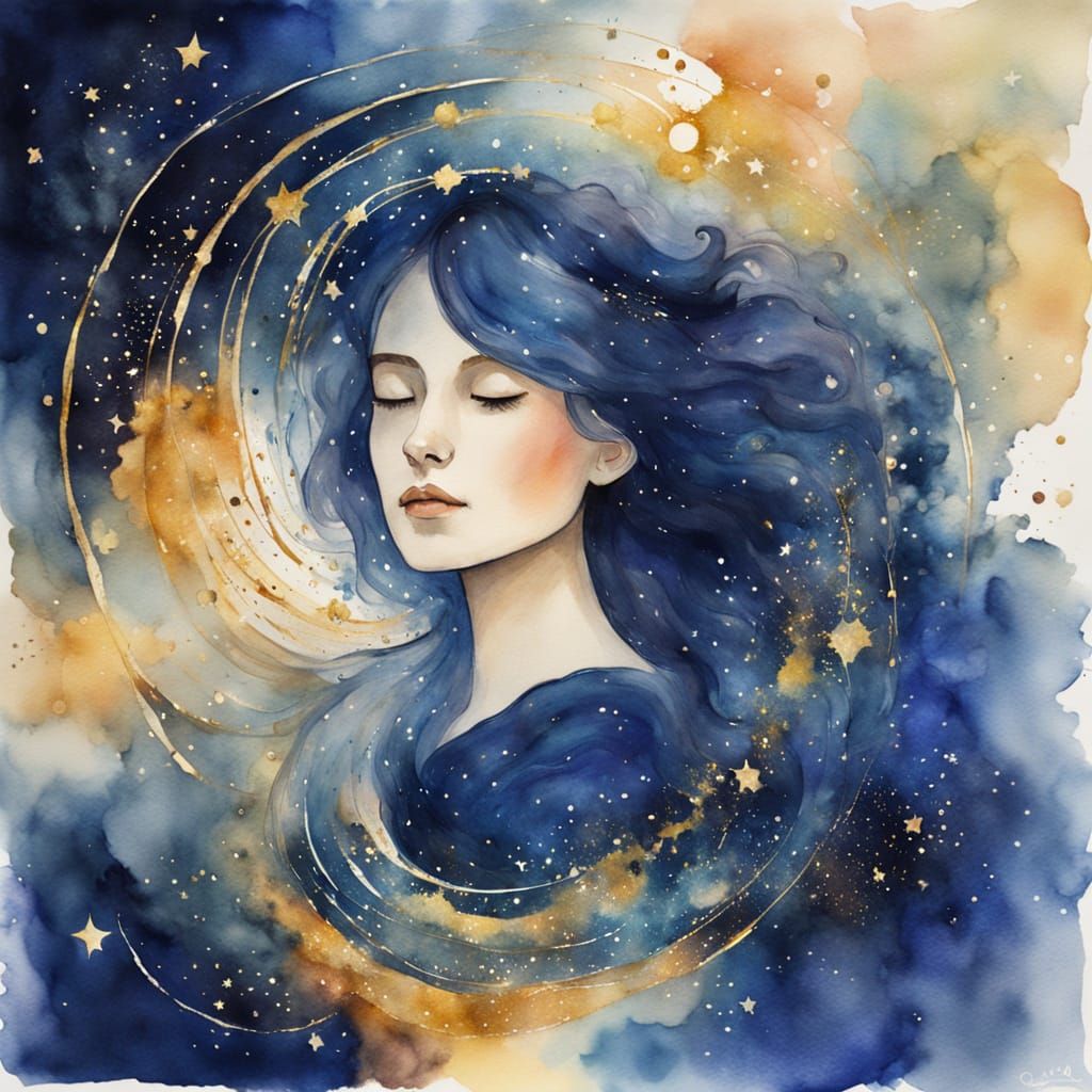 Ethereal Girl in Cosmic Watercolor Nebula