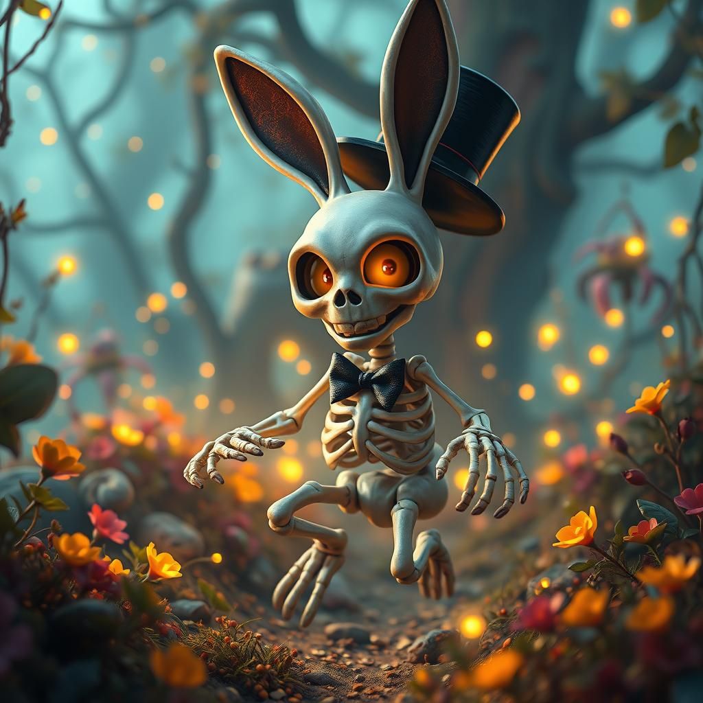 Whimsical Skeleton Bunny in Dreamlike Fantasy Art