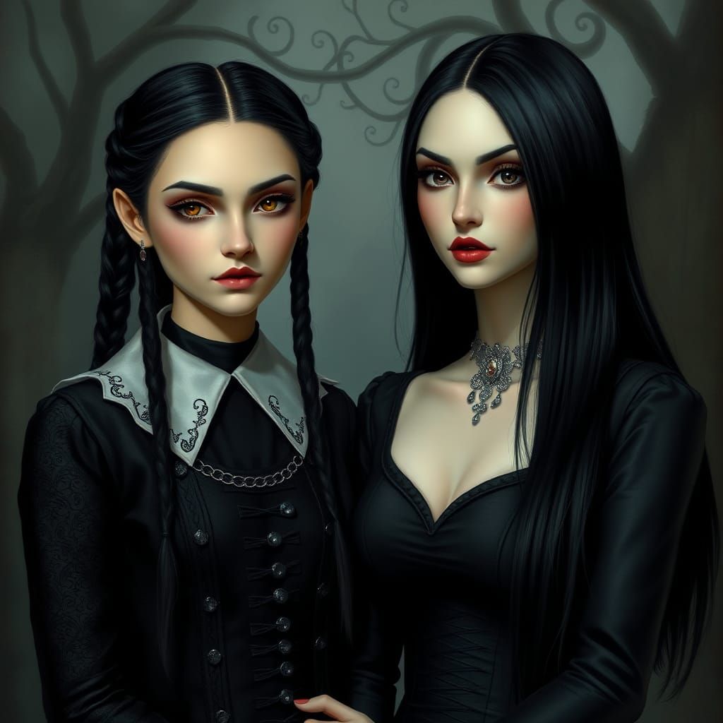 Addams Family: Wednesday and Morticia in Ethereal Style