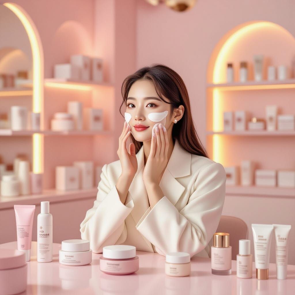 Korean Woman in Seoul Skincare Studio, Dreamy Art Style