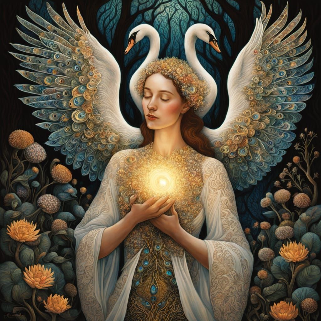 Surreal Goddess Rises with Iridescent Swan Wings and Golden ...