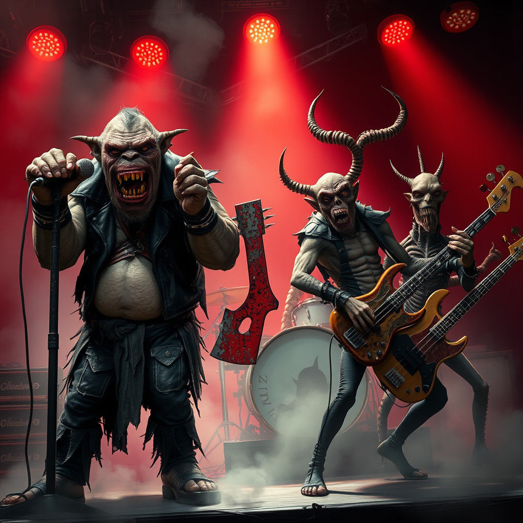 Monstrous Rock Band Performing on Stage in Gothic Style