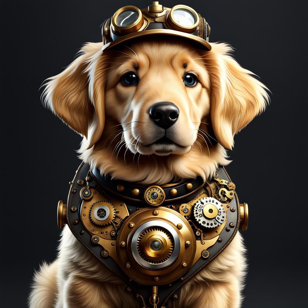 Steampunk Golden Retriever Puppy in Photorealistic Style